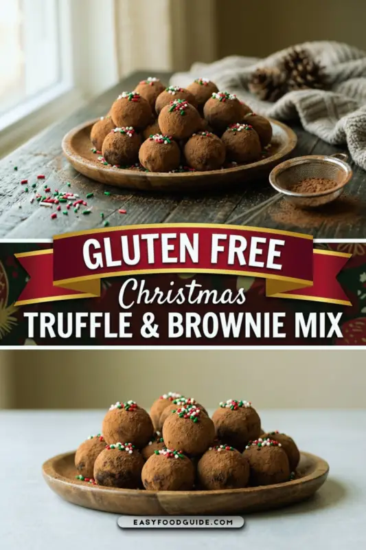 A rustic wooden board displaying gluten free brownie truffles dusted with cocoa powder and topped with colorful festive sprinkles, surrounded by holly leaves.