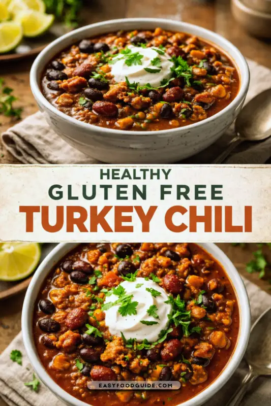 A bowl of healthy gluten free turkey chili with cilantro and sour cream on a rustic table.