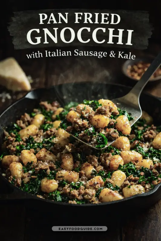 Close-up of pan-fried gnocchi with Italian sausage and kale in a cast-iron skillet, showcasing steam and warm lighting.
