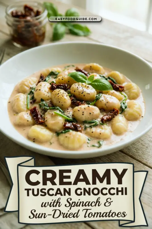 A skillet filled with creamy spinach and sun-dried tomato gnocchi, showcasing vibrant red tomatoes and steam rising from the dish.