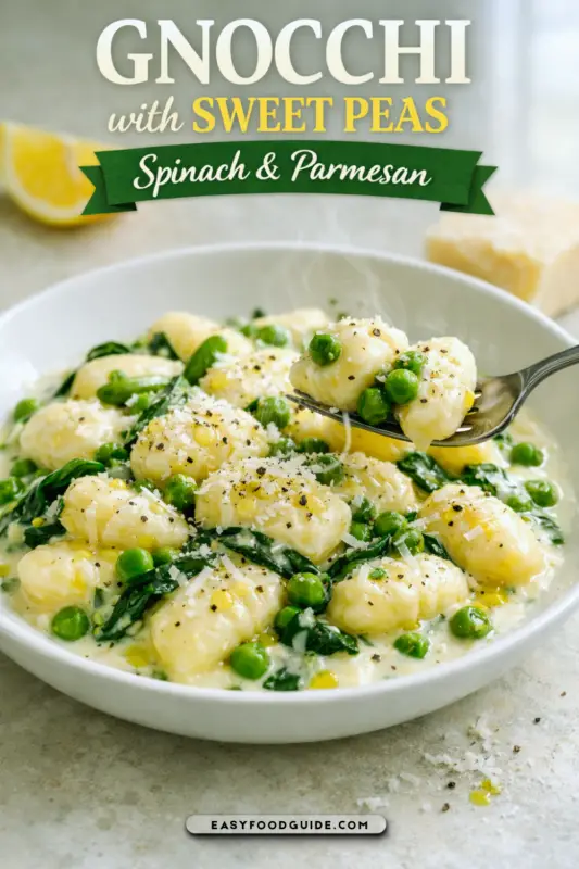 A close-up of creamy gnocchi with sweet peas and spinach, topped with Parmesan cheese in a bowl.