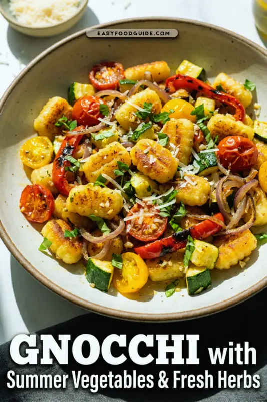 A plate of crispy gnocchi with roasted summer vegetables and fresh herbs, beautifully presented.