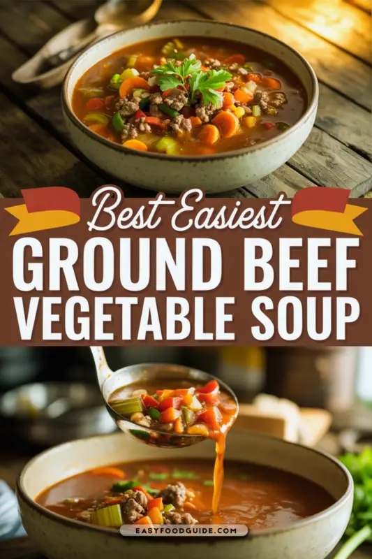 A hearty bowl of ground beef vegetable soup with colorful vegetables, garnished with parsley, on a rustic table.