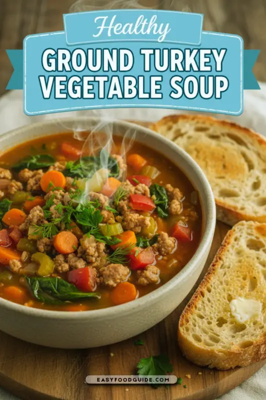 A bowl of healthy ground turkey vegetable soup garnished with herbs on a wooden table with a cozy fall background.