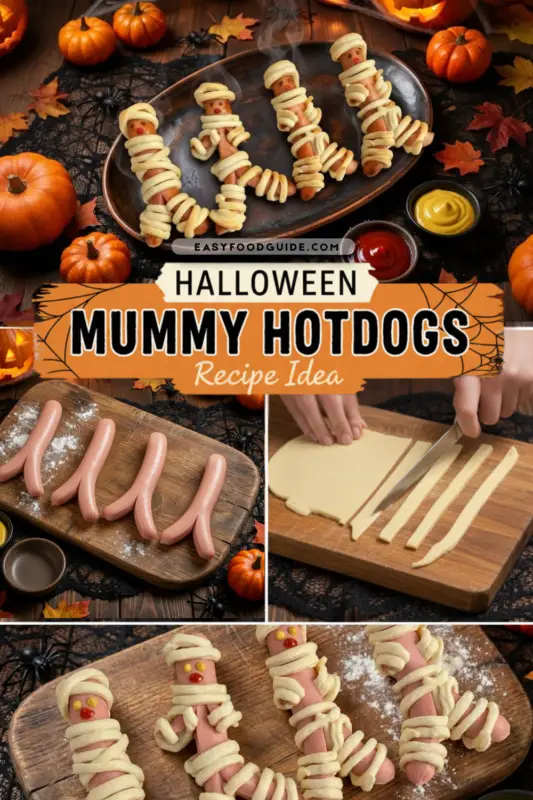 Halloween Mummy Hot Dogs on a rustic wooden board with ketchup and mustard decoration.