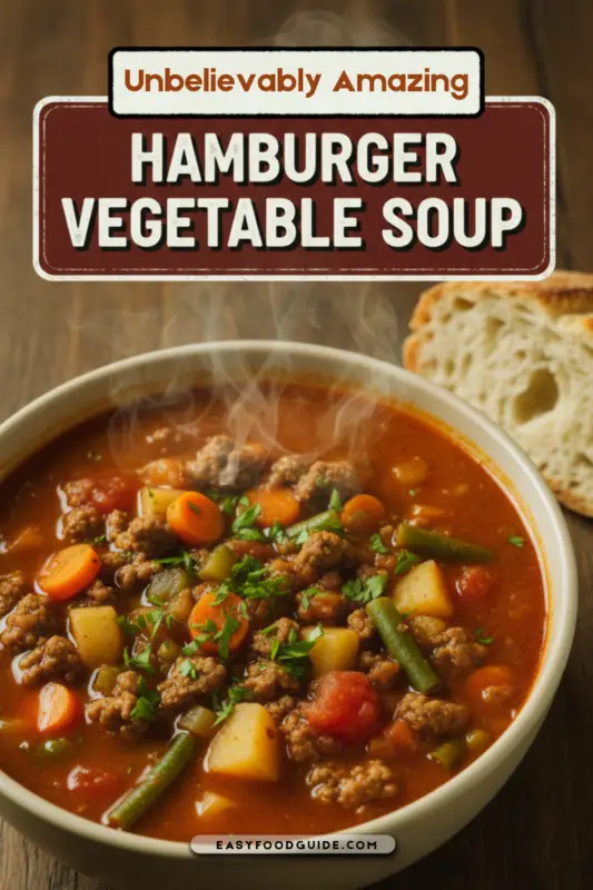 A spoonful of hamburger vegetable soup being lifted from a rustic bowl, with steam rising in a cozy kitchen.