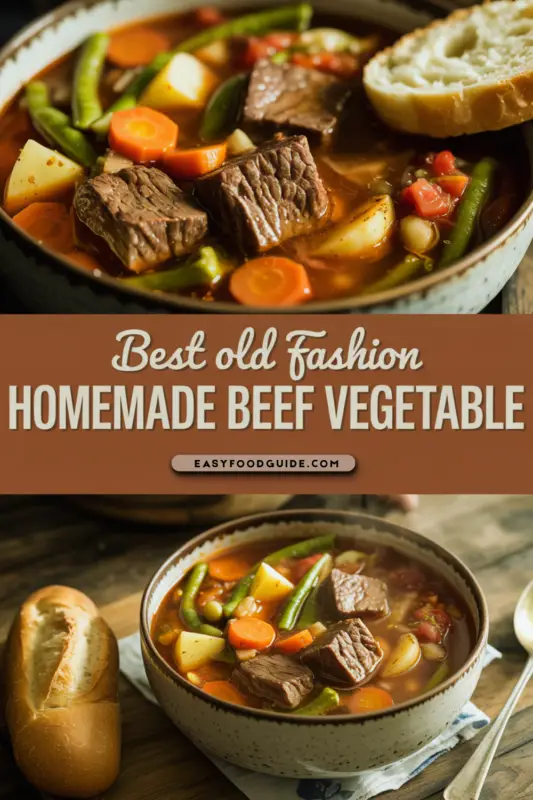 A hearty bowl of beef vegetable soup with carrots and green beans, served with crusty bread on a rustic wooden table.