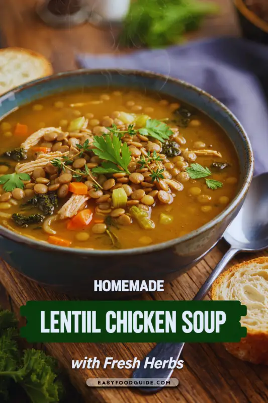 A pot of Chicken Lentil Soup with a wooden spoon, featuring colorful vegetables and steam rising, viewed from above.
