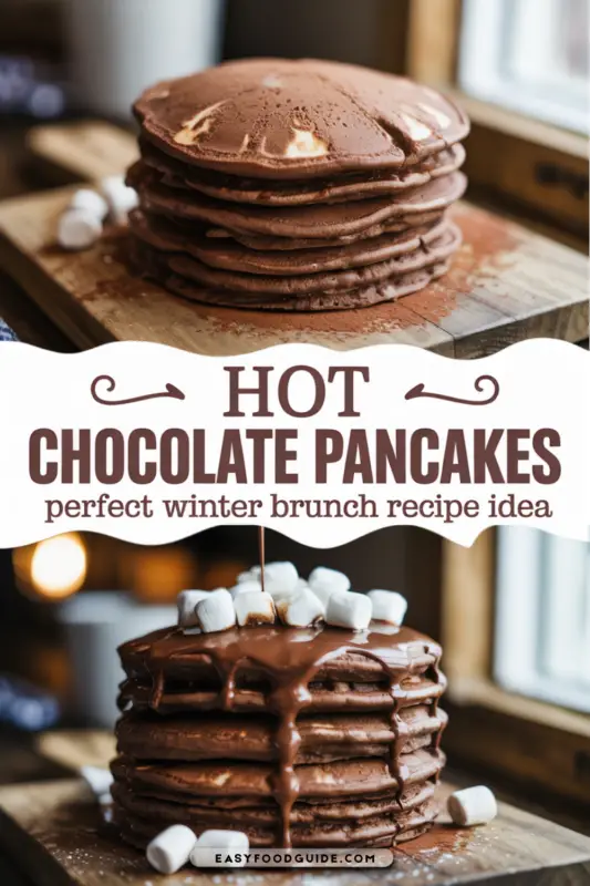Fluffy hot chocolate pancakes topped with melted chocolate and mini marshmallows on a rustic wooden table.