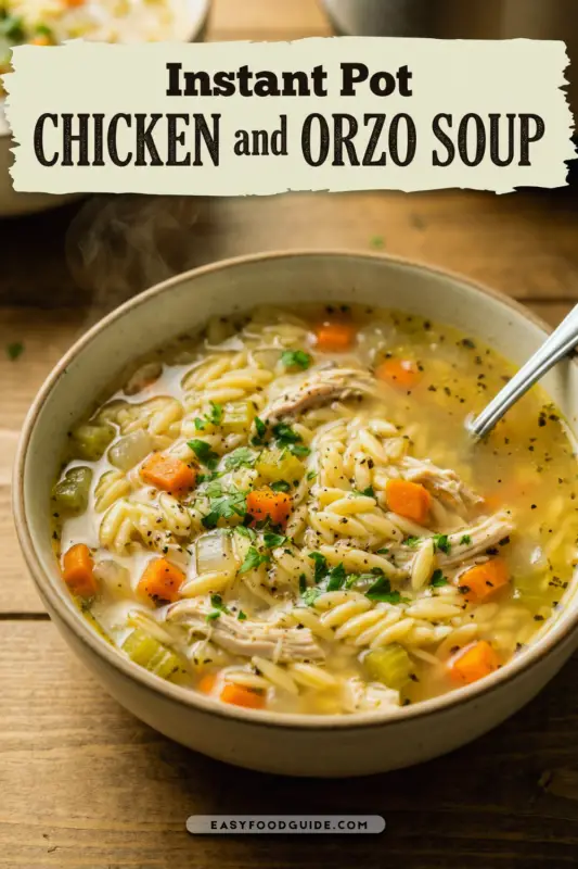A large pot of Chicken Soup with Orzo Pasta, steam rising, with a ladle ready to serve.