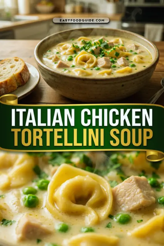 Close-up of creamy Italian Chicken Tortellini Soup with tortellini and chicken in a white bowl, steam rising.