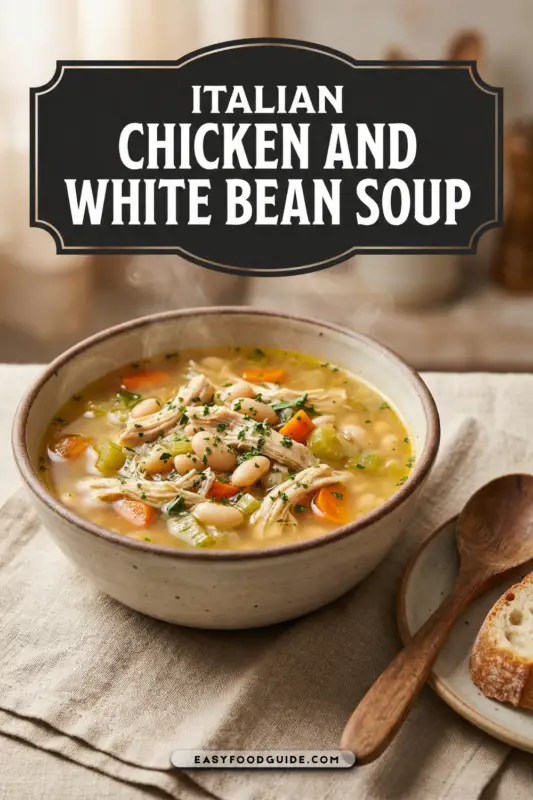 A bowl of Italian Chicken and White Bean Soup with a candle and blanket in a warm setting.