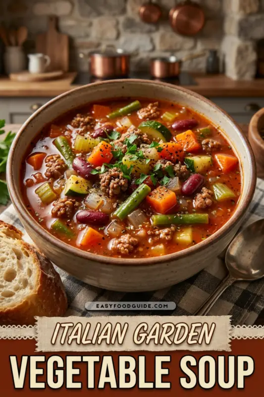 A close-up of a spoonful of vegetable beef minestrone soup with vibrant vegetables and ground beef, set against a rustic wooden background.