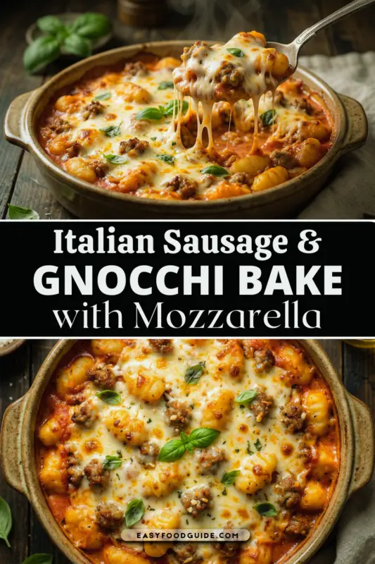 A bubbling Italian Sausage & Gnocchi Bake with mozzarella in a rustic dish, topped with fresh basil, under warm kitchen lighting.