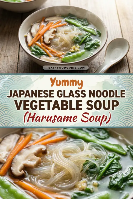 A cozy bowl of Japanese glass noodle soup with vibrant vegetables and herbs, set in a warm kitchen.