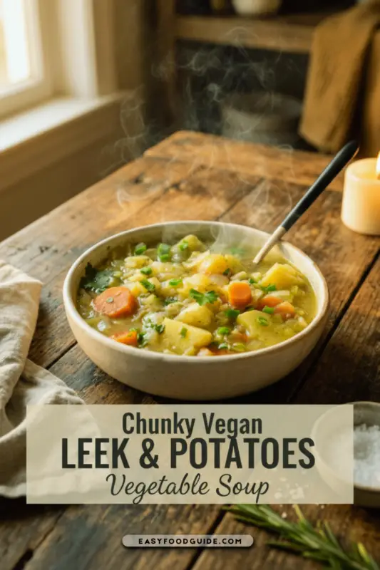 A rustic bowl of chunky vegan leek and potato soup garnished with parsley on a wooden table.