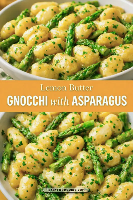 A steaming bowl of creamy lemon butter gnocchi with asparagus and parsley, showcasing a rich and inviting dish.