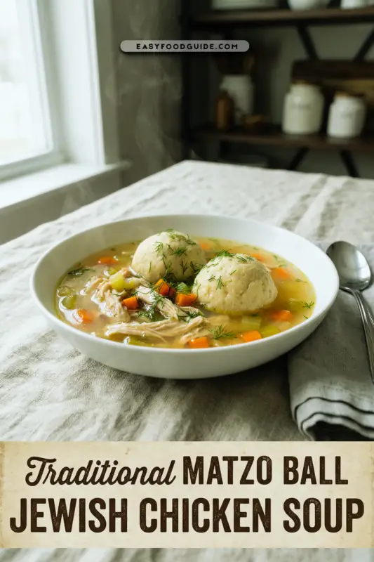A bowl of traditional Jewish chicken and matzo ball soup with dill, showcasing fluffy matzo balls and tender chicken in broth.