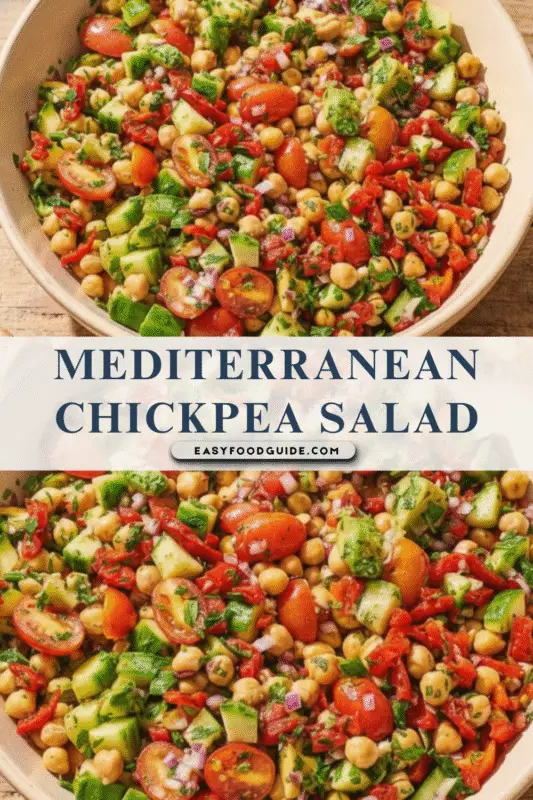 A close-up of Greek chickpea salad in a bowl, garnished with herbs and olive oil on a wooden table.