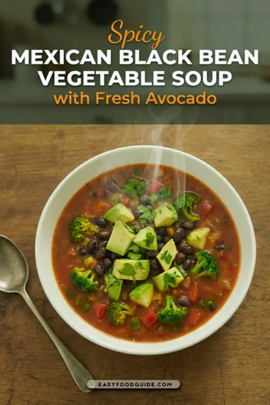 A rustic bowl of spicy Mexican black bean vegetable soup with avocado and cilantro on a wooden table.