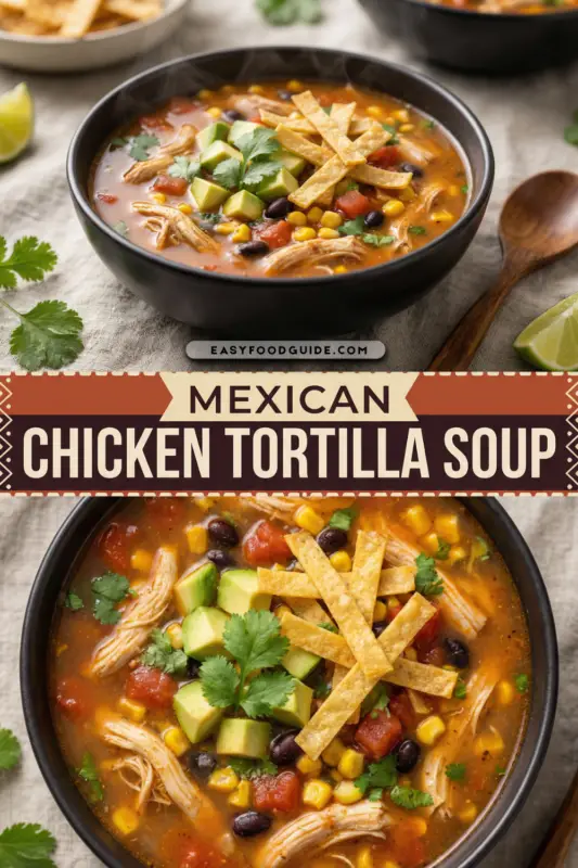 A colorful bowl of Mexican Chicken Tortilla Soup topped with cilantro, avocado, and tortilla strips, presented in natural light.