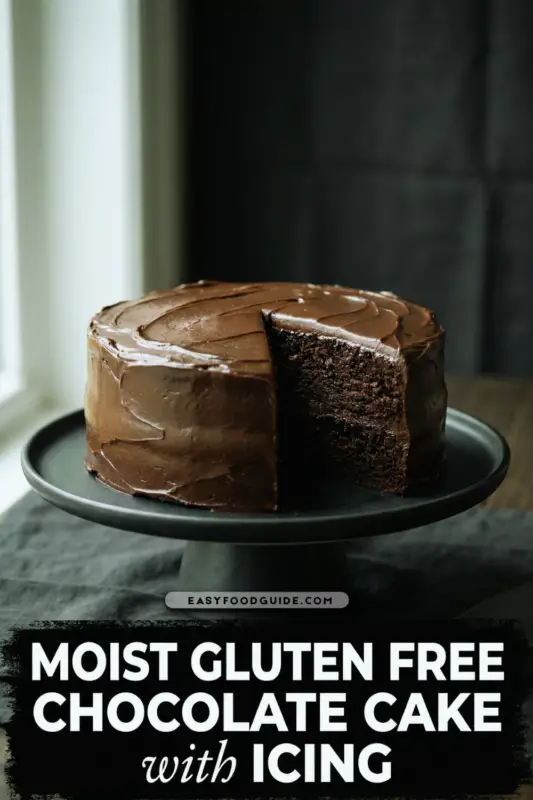 A slice of moist gluten-free chocolate cake with chocolate icing on a wooden board.