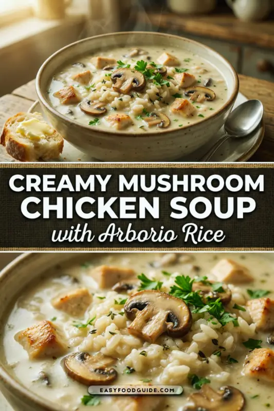 A cozy bowl of creamy mushroom chicken and arborio rice soup on a rustic wooden table, with warm lighting.