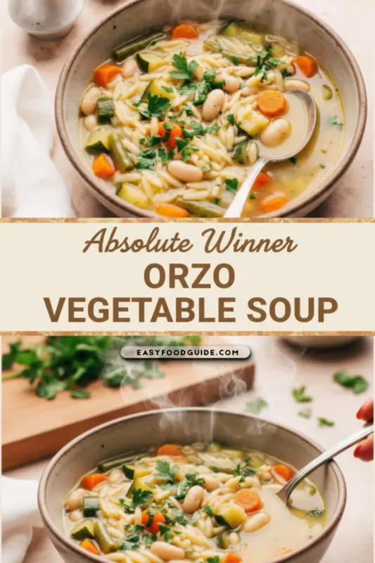 A steaming bowl of orzo vegetable soup with fresh parsley on a rustic table.
