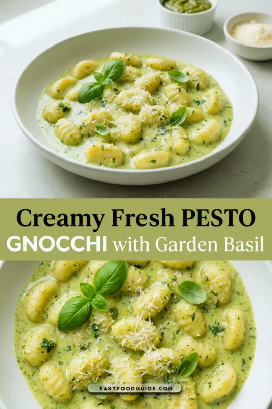 A bowl of creamy pesto gnocchi garnished with basil and parmesan in warm kitchen lighting.