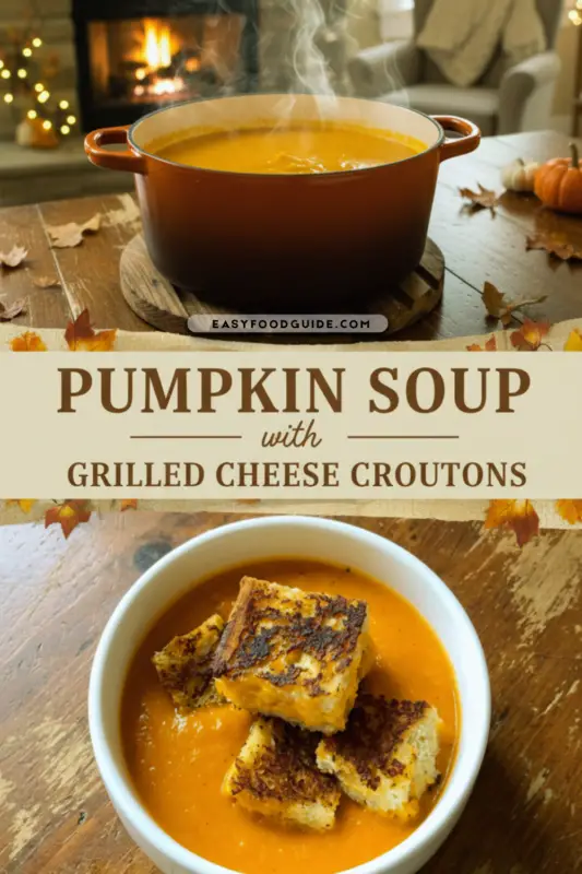 A bowl of creamy pumpkin soup with grilled cheese croutons, steam rising in warm lighting.