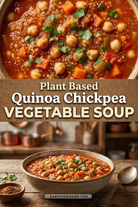 A bowl of quinoa chickpea vegetable soup garnished with herbs, placed on a wooden table.