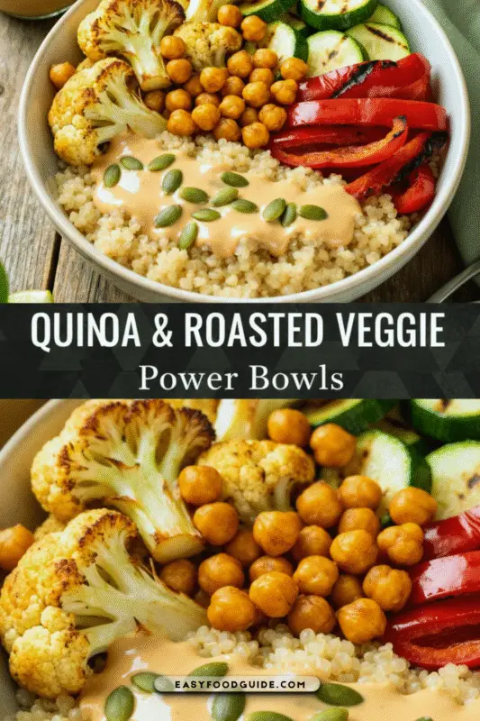 A colorful Quinoa & Roasted Veggie Power Bowl with quinoa, roasted vegetables, and tahini dressing.