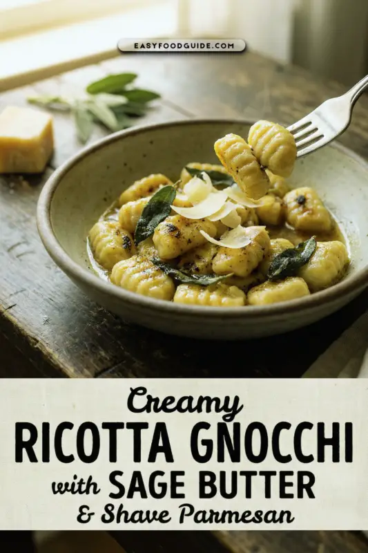 A rustic bowl of creamy ricotta gnocchi with sage brown butter and Parmesan shavings, captured in warm light.