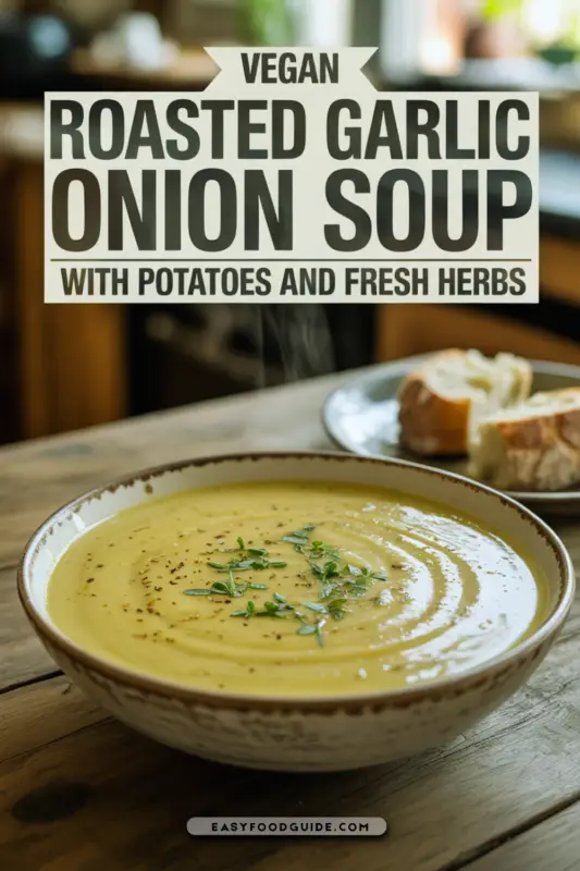 A spoon scooping potato and onion from a golden garlic soup, garnished with fresh herbs.