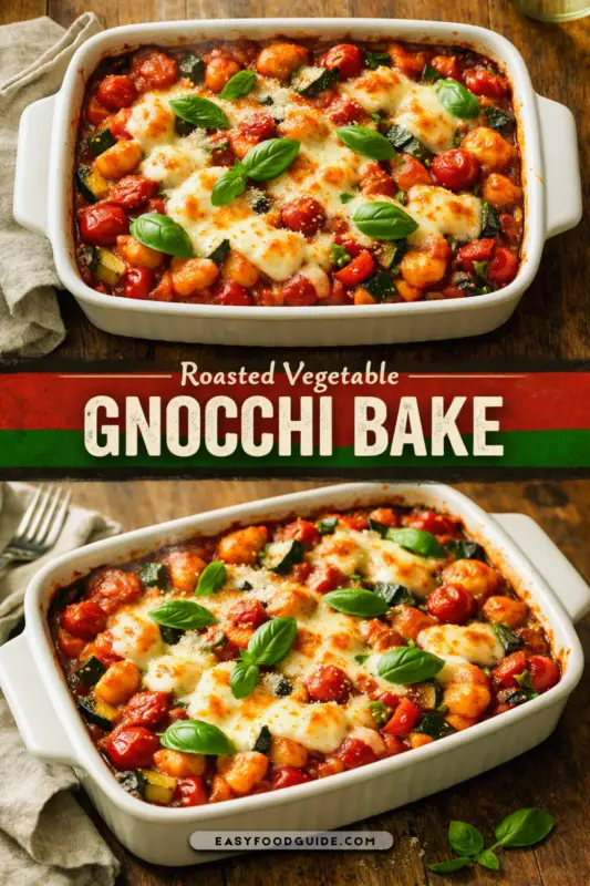 A ceramic dish of roasted vegetable gnocchi bake topped with fresh basil, set in a warm kitchen.