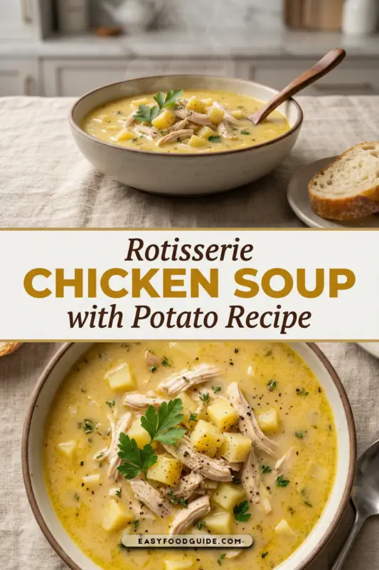 A bowl of rotisserie chicken and potato soup garnished with parsley, on a rustic wooden table with a spoon.