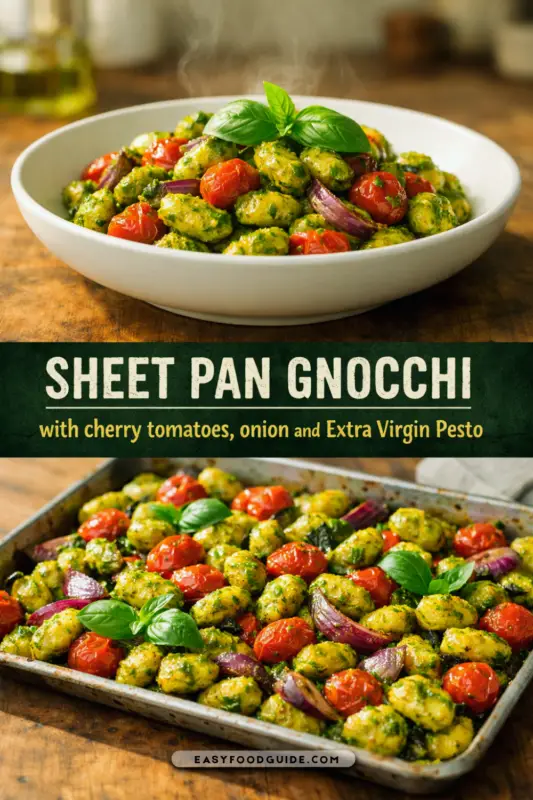 Roasted sheet pan gnocchi with cherry tomatoes and pesto on a rustic baking sheet.