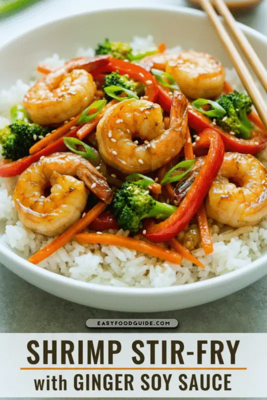 A steaming shrimp stir-fry with colorful vegetables in a wok, illuminated by warm kitchen lighting.