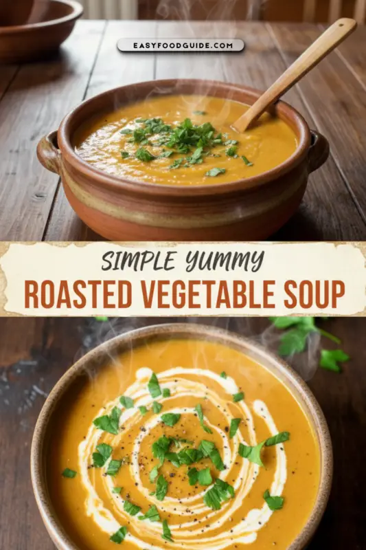 A rustic bowl of creamy roasted vegetable soup garnished with herbs, placed on a wooden table.