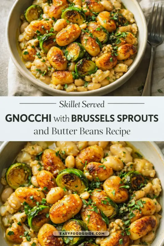 A cast iron skillet with crispy gnocchi, Brussels sprouts, and butter beans garnished with herbs.