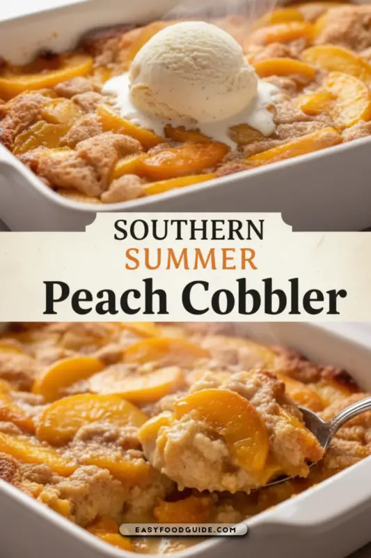 A warm Southern Peach Cobbler with golden crust and vanilla ice cream, captured in soft lighting.