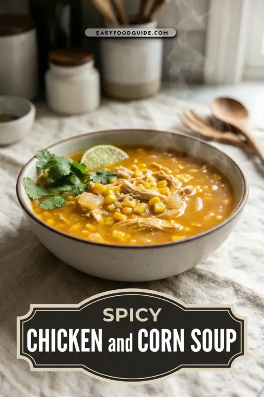 A bowl of spicy chicken and corn soup garnished with cilantro and lime on a rustic wooden table.
