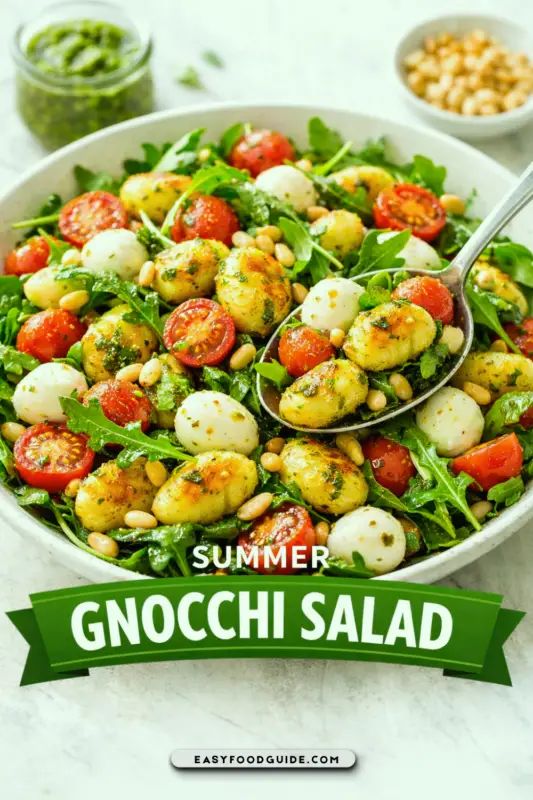 A colorful Summer Gnocchi Salad with crispy gnocchi, bocconcini, cherry tomatoes, and rocket salad, topped with pesto and pine nuts.