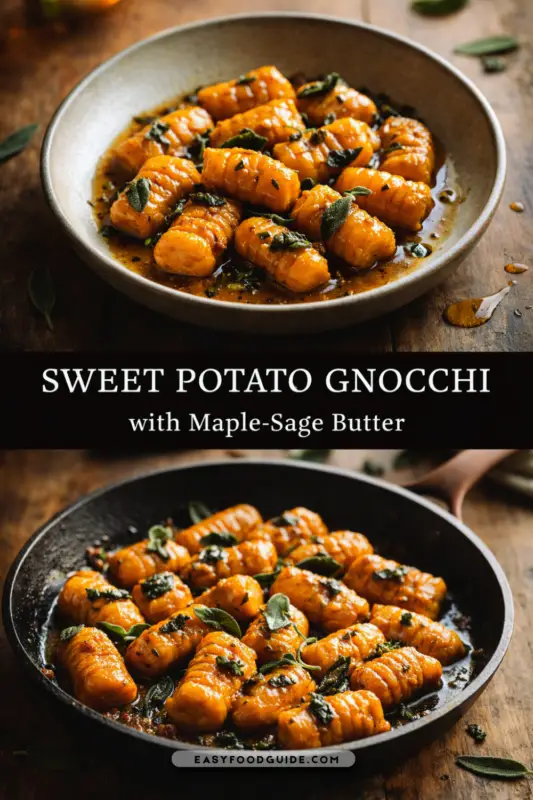 Close-up of Sweet Potato Gnocchi with maple-sage butter and fresh sage leaves in a shallow bowl.