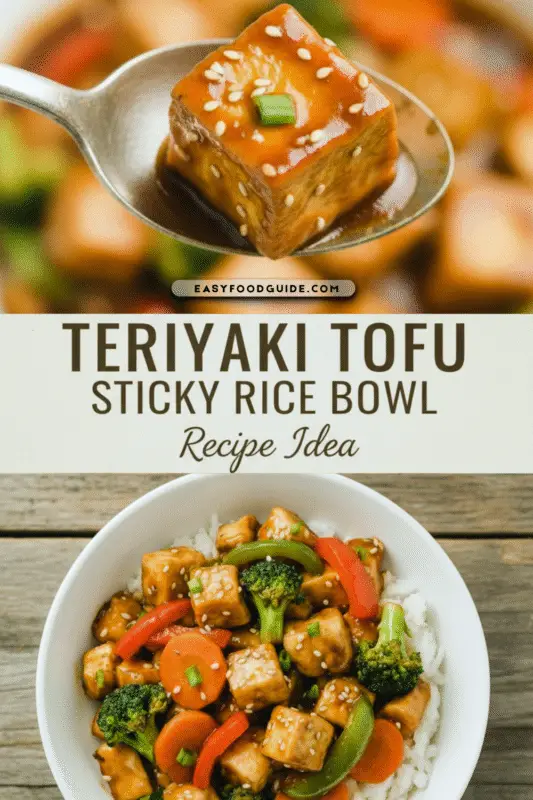 A close-up of a Teriyaki Tofu sticky rice bowl with sesame seeds and green onions, illuminated by warm side lighting.