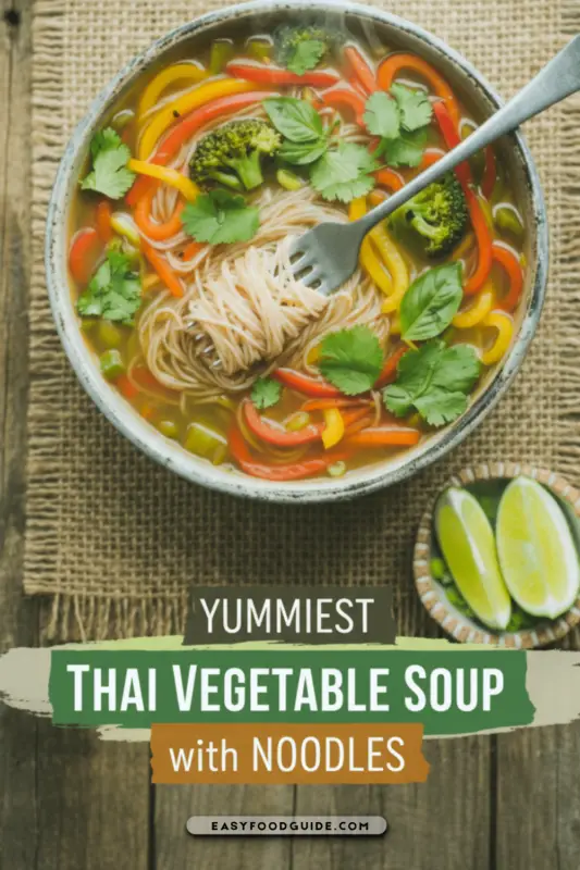 A vibrant bowl of Thai vegetable noodle soup with fresh herbs and lime on a rustic table.