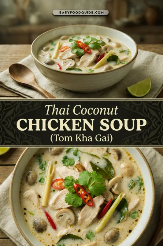 A bowl of Tom Kha Gai, a Thai Coconut Chicken Soup, garnished with cilantro and chili in a cozy setting.
