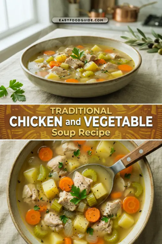 A bowl of chicken and vegetable soup with parsley on a rustic table, illuminated by warm light.