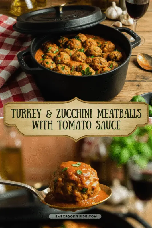 A bowl of Italian turkey zucchini meatballs in tomato sauce, garnished with basil, set in a warm kitchen.