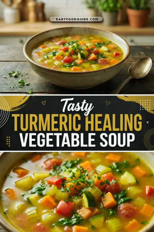 A rustic bowl of turmeric vegetable soup with steam rising, garnished with fresh herbs on a wooden table.